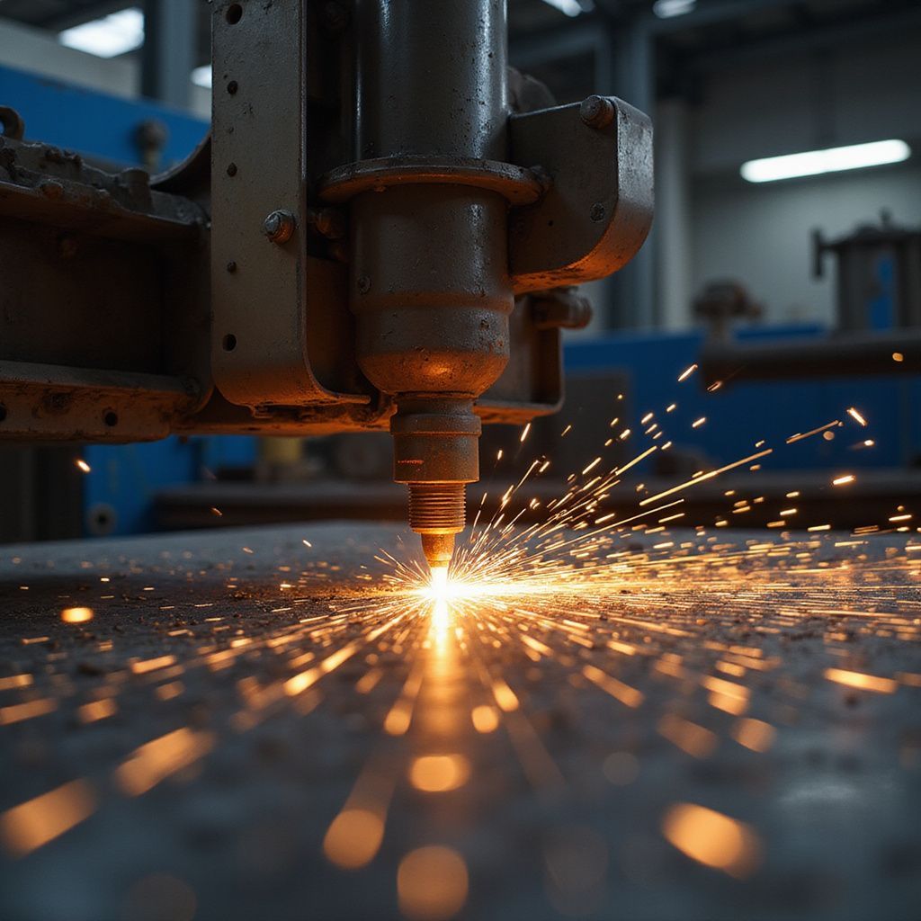 Taglierina al plasma in funzione, che crea scintille durante il taglio del metallo in un'officina.