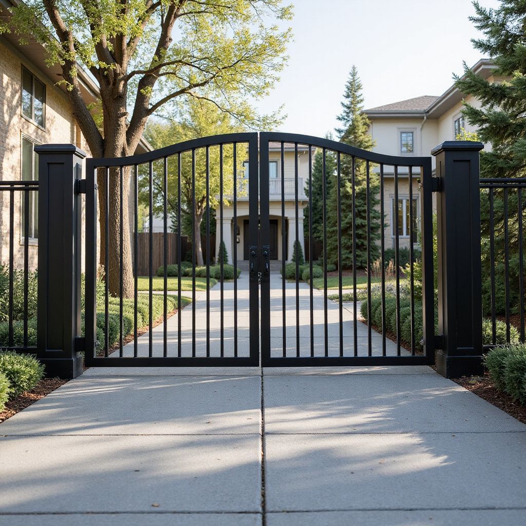 Cancello d'accesso in metallo nero davanti a una casa, con un sentiero in cemento e vegetazione circostante.