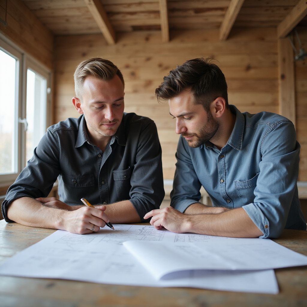 Due uomini guardano i progetti, penna in mano, interni in legno.