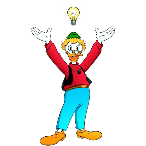 Personaggio dei cartoni Archimede Pitagorico con le braccia alzate un cappello verde, occhiali e una lampadina sopra la testa