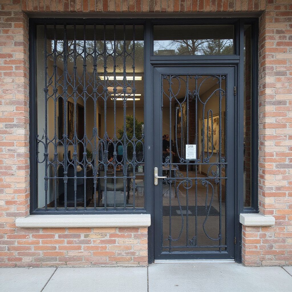 Porta e finestra con sbarre nere su un edificio in mattoni; vetrina.