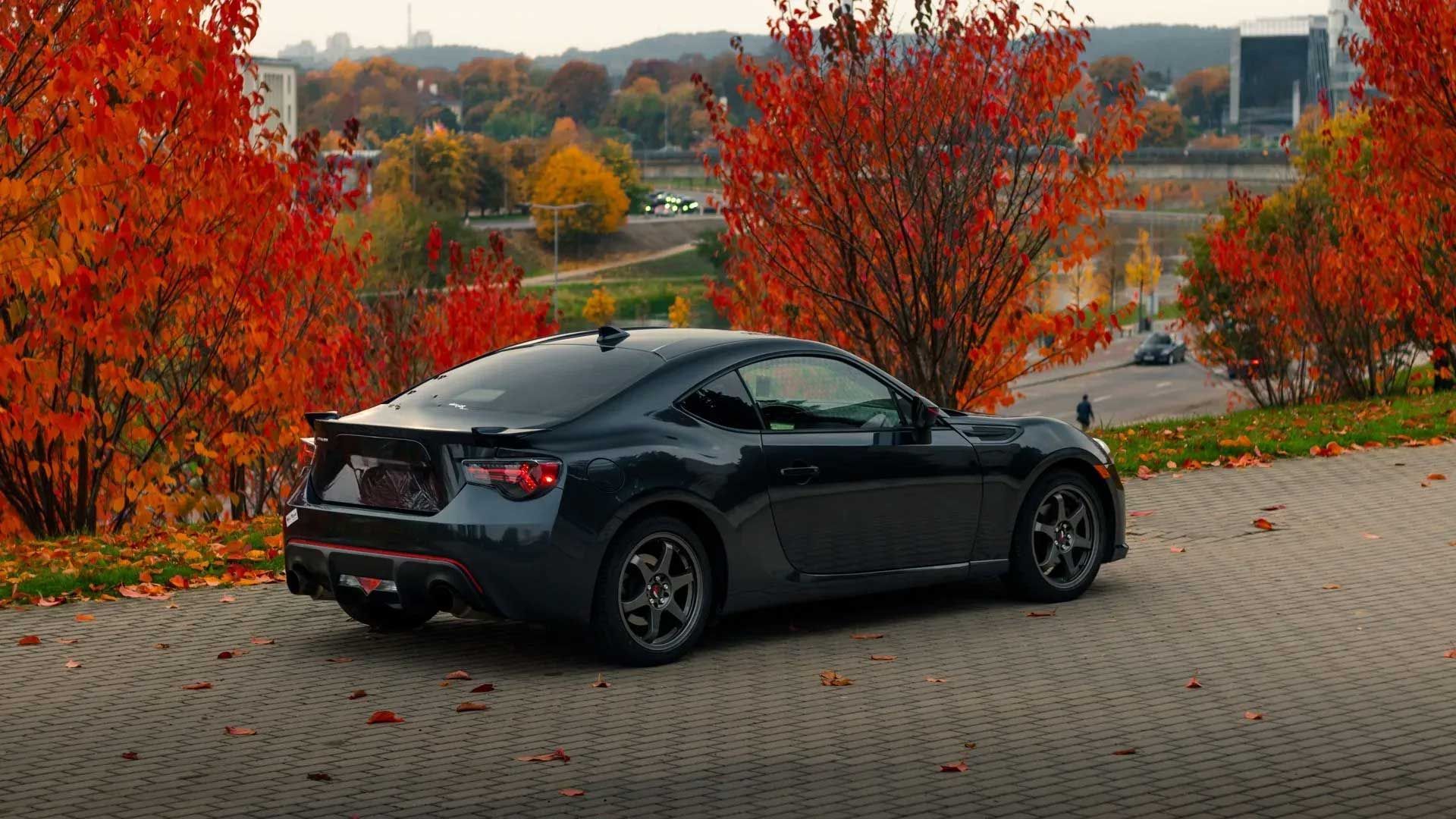 Dark gray sports car parked on a paved driveway surrounded by autumn trees with red and yellow leaves.