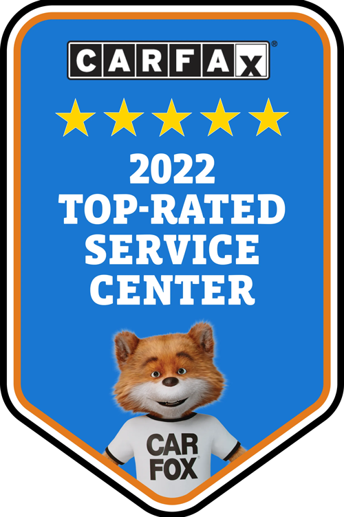 CARFAX 2022 Top-Rated Service Center badge. Blue and orange, with five stars, text, and a smiling fox mascot.