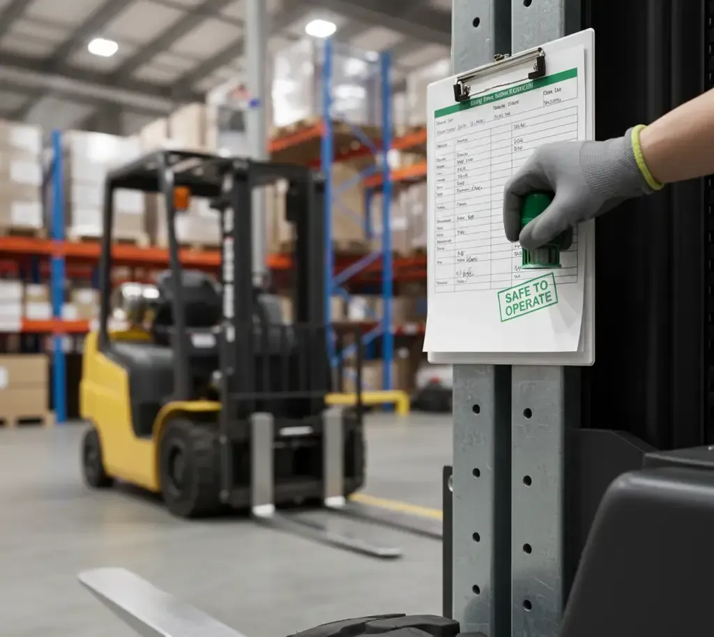 Person stamping paperwork on a clipboard in a warehouse. A forklift is in the background.