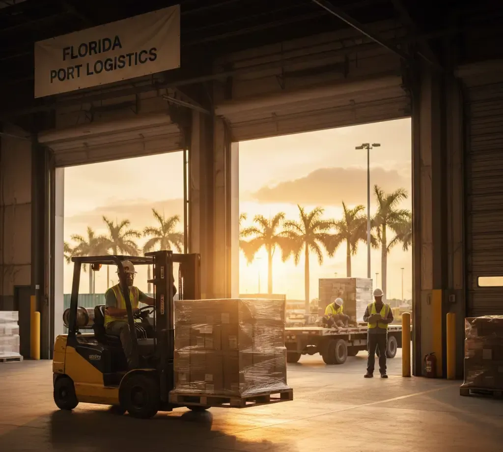Forklift at Florida Port Logistics loading pallets with sunset and palm trees in background.