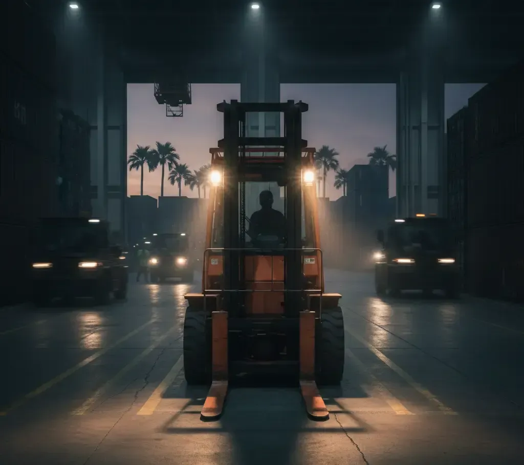 Forklift in a warehouse with palm trees visible outside. Cars surround it, all lit by spotlights.