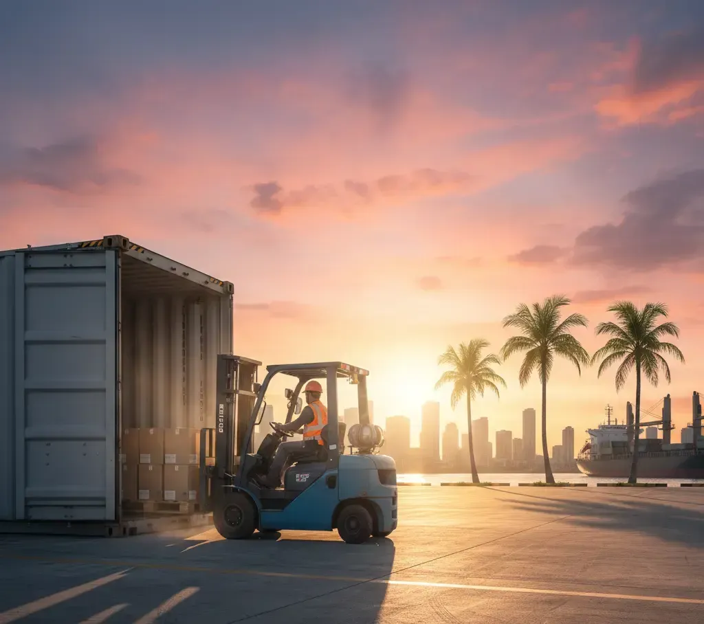 Forklift operator loading a shipping container at a port, sunset with palm trees and cityscape in the background.