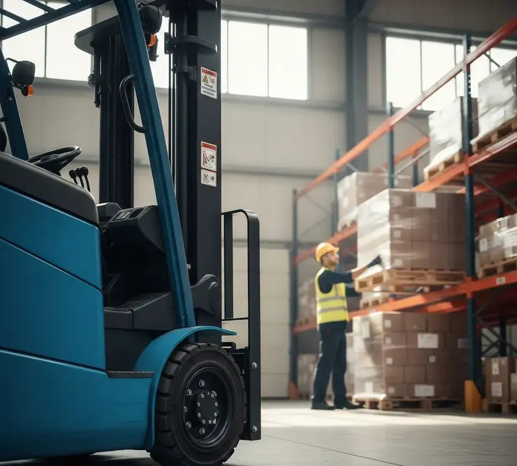 Blue forklift in warehouse with worker loading boxes onto shelves.