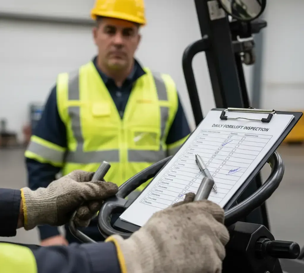 Hands holding forklift controls, reviewing a checklist. Worker in a yellow vest and helmet stands in the background.