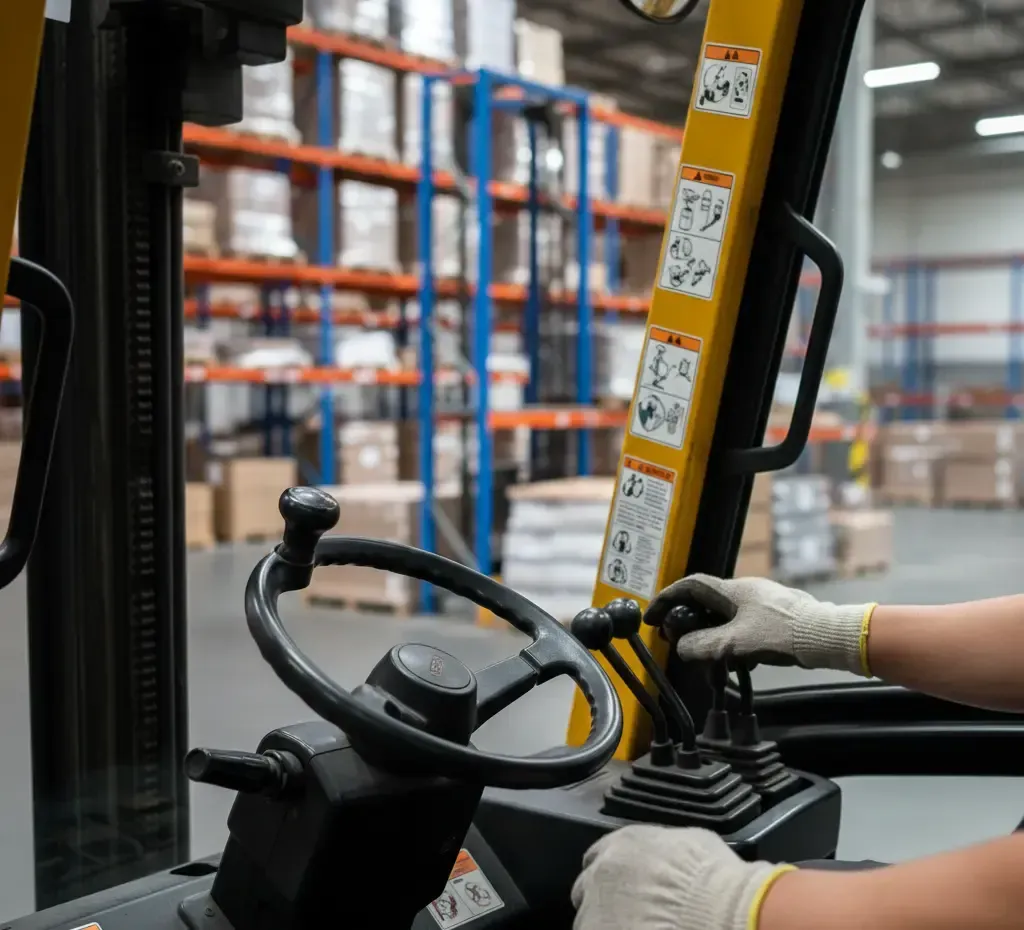 Forklift operator in a warehouse, with hands on controls, warehouse shelves in the background.