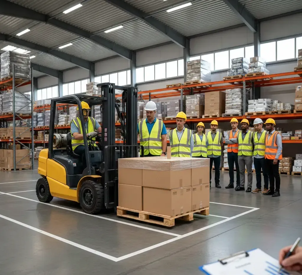 Forklift moving boxes in a warehouse, watched by a group of workers in safety vests.