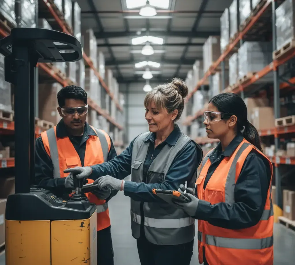 Three warehouse workers operating a forklift, looking at controls.