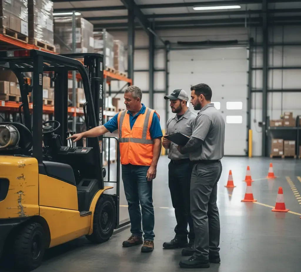 Warehouse worker training. Man in orange vest points at forklift controls. Two workers observe.