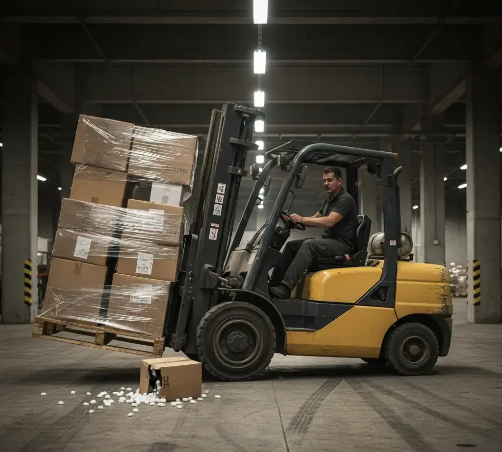 Forklift operator in a warehouse, moving stacked boxes, some boxes falling.