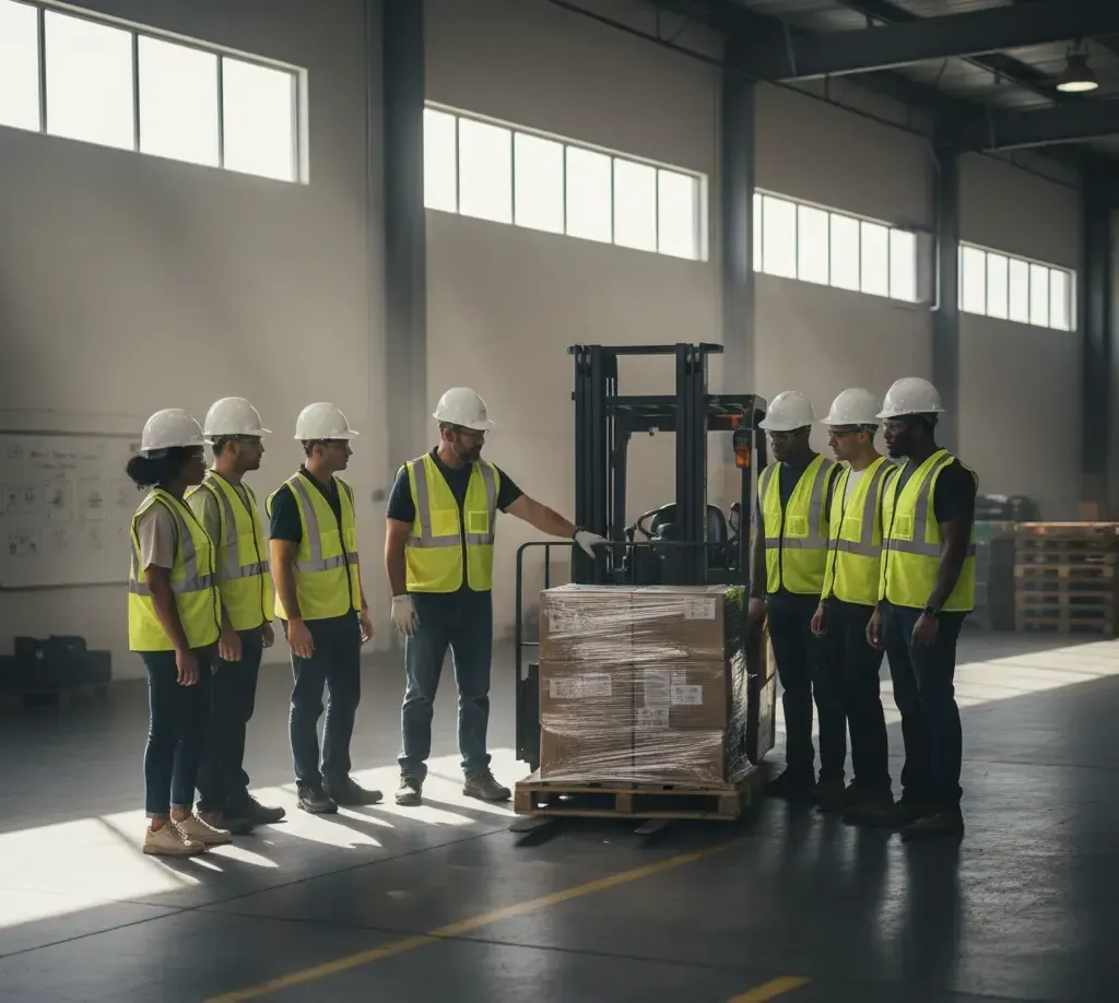 Warehouse workers in safety vests and hard hats receiving training near a forklift and a pallet of boxes.