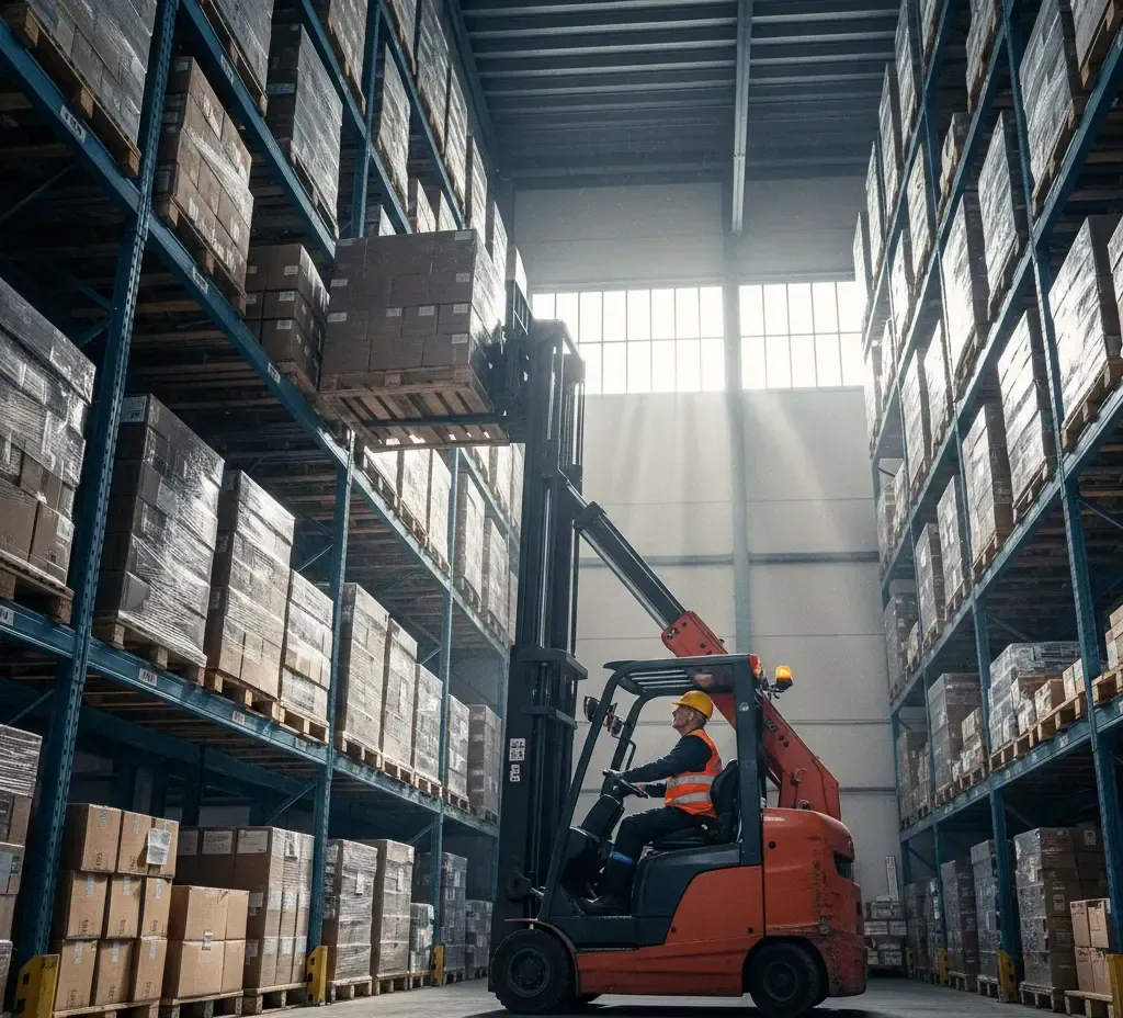 Forklift operator placing a pallet of boxes on a high shelf in a warehouse.