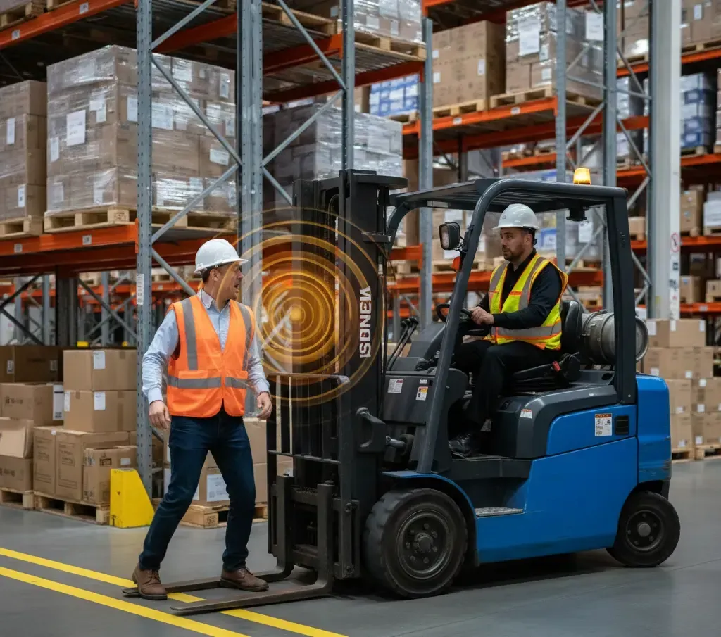 Warehouse scene: worker standing near forklift, driver in seat, pallets on shelves.