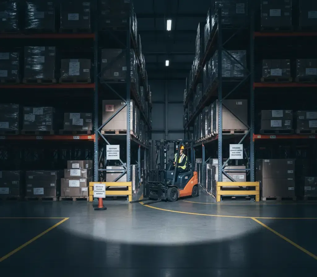 Forklift operator in a warehouse, moving goods between shelves. Dark, organized storage space.