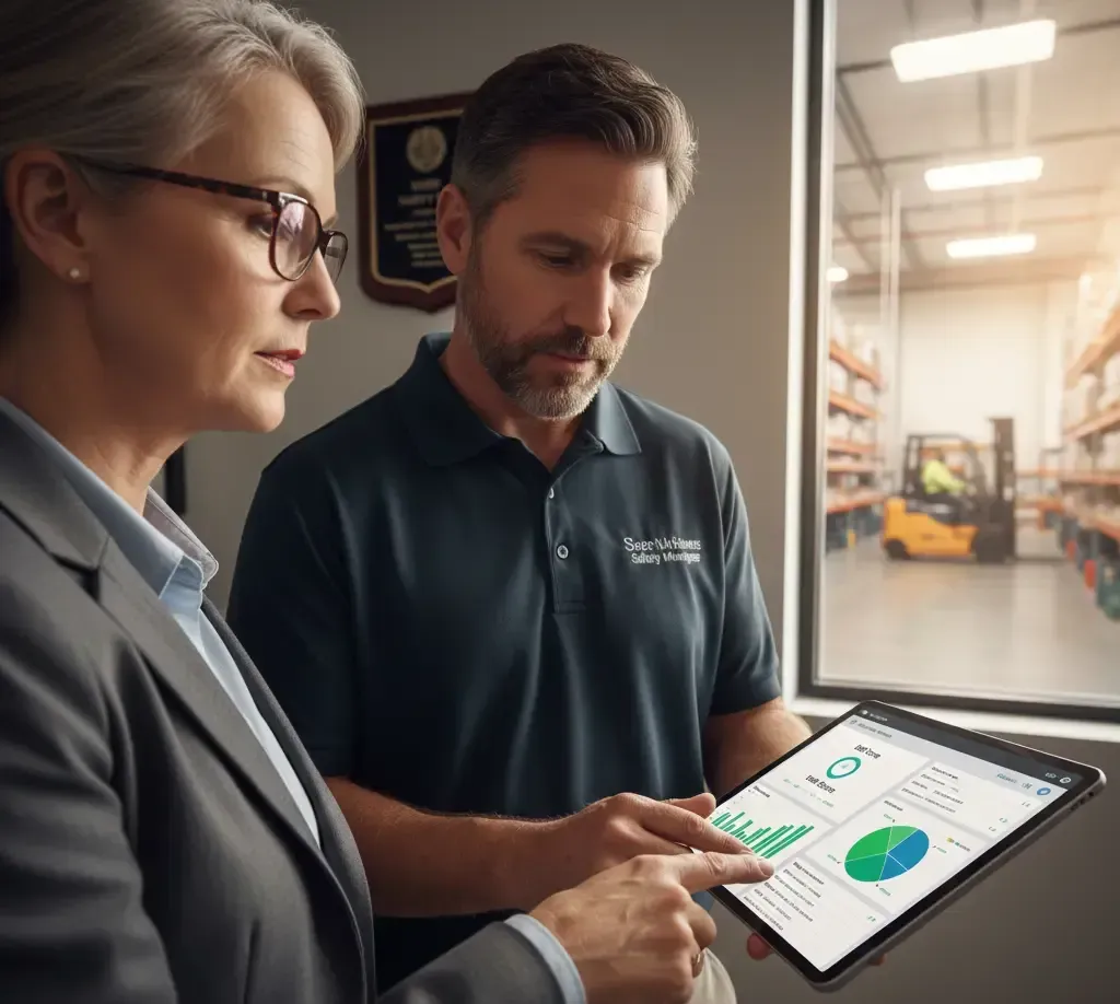 Two people look at a tablet with graphs; a warehouse is visible in the background.