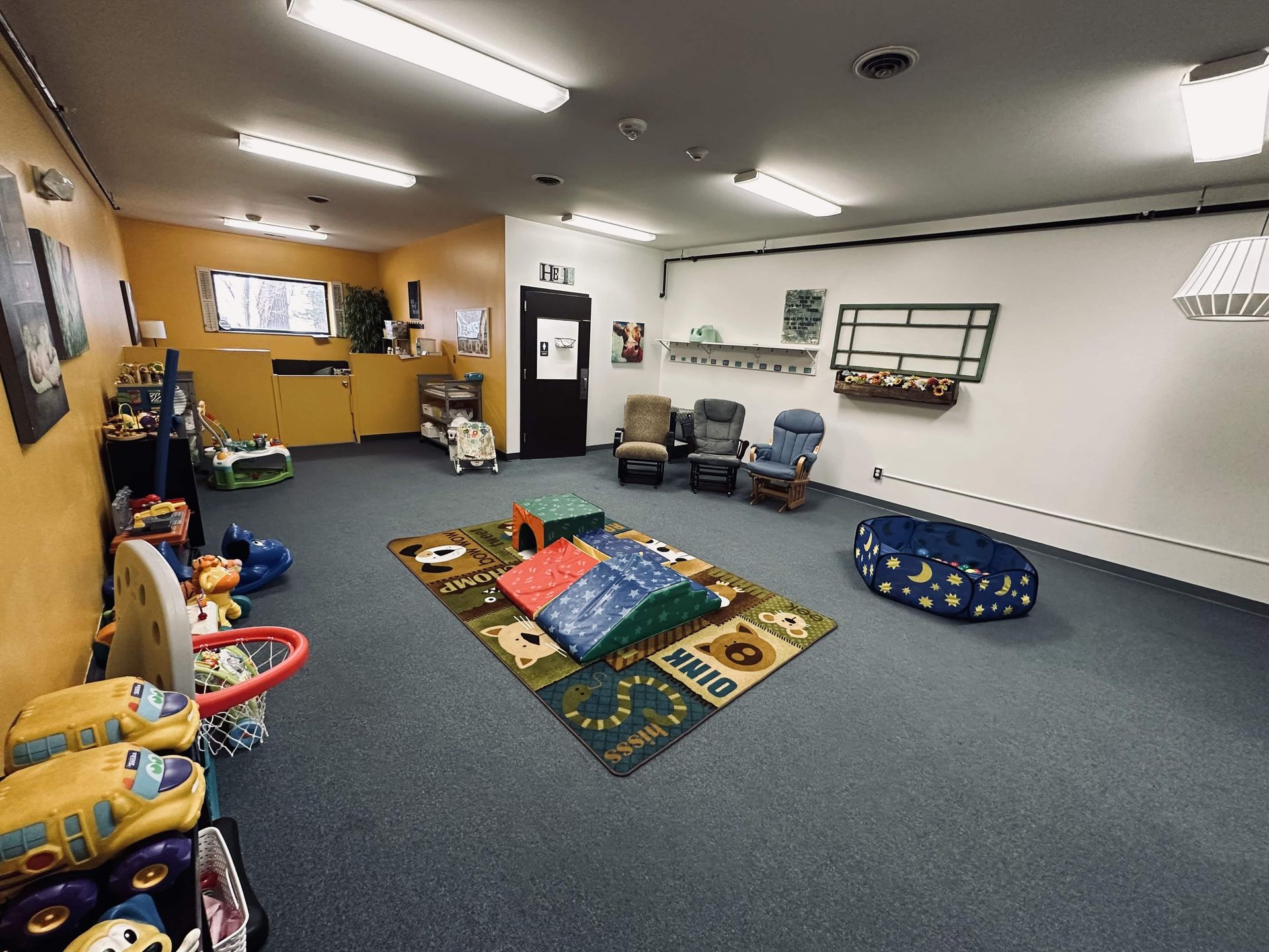 A large room filled with lots of toys and a rug.