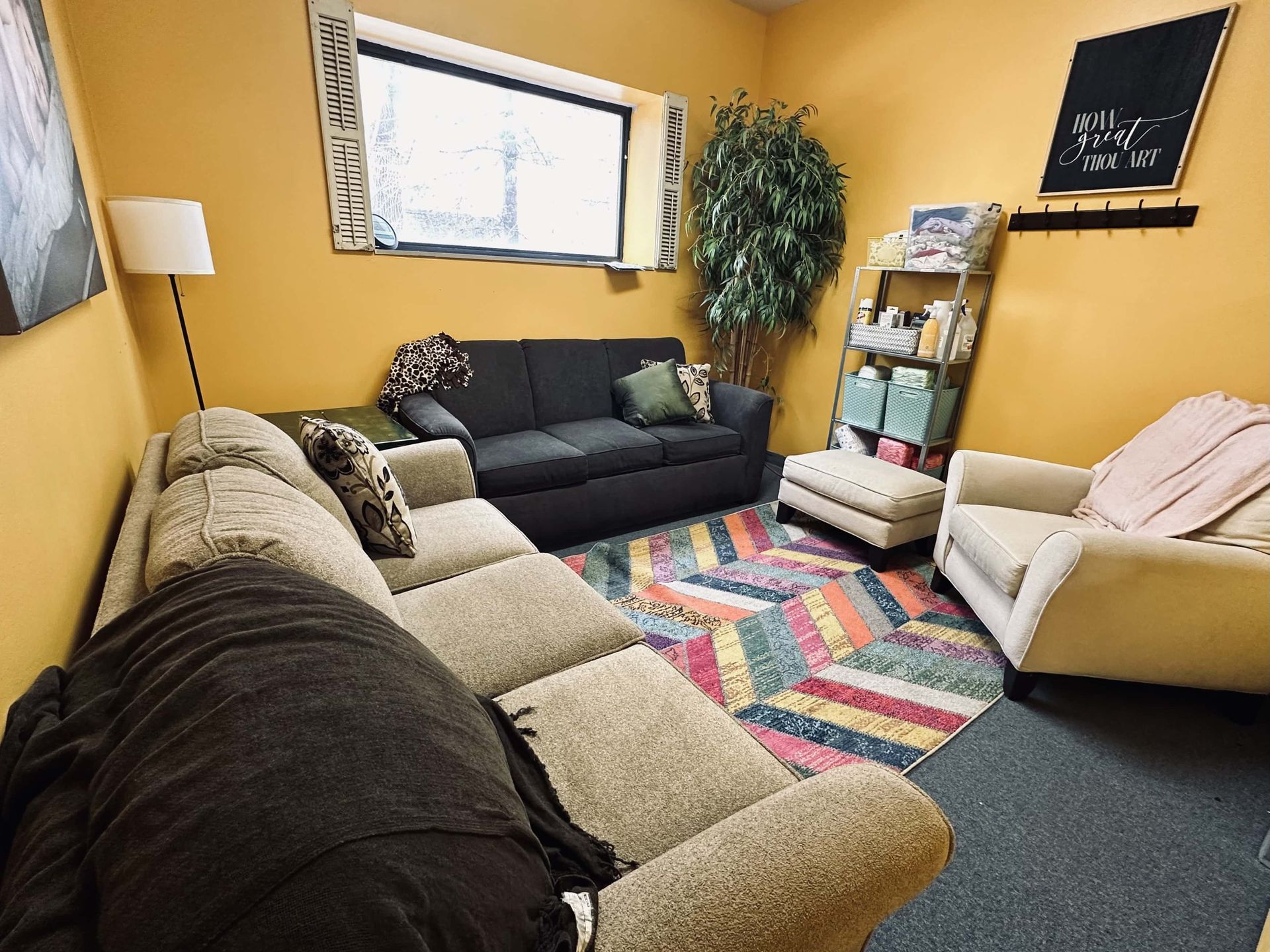 A living room with a couch , chair , and rug.
