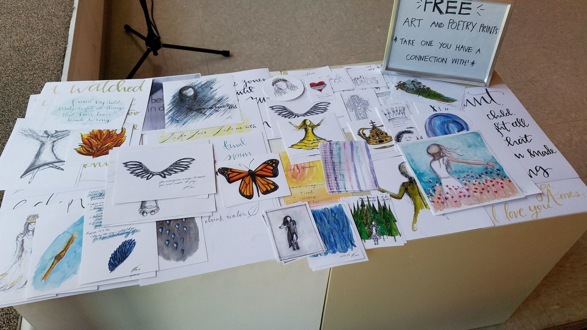 A table with a sign that says free on it