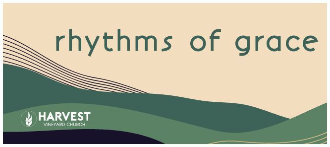 A poster for rhythms of grace with a green hill in the background.