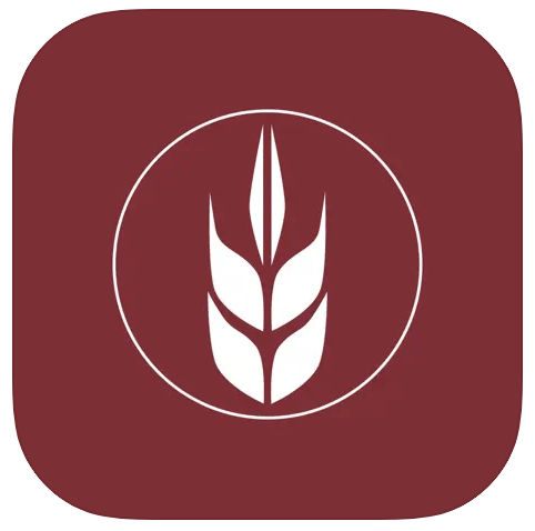 A white wheat ear is in a circle on a red background.