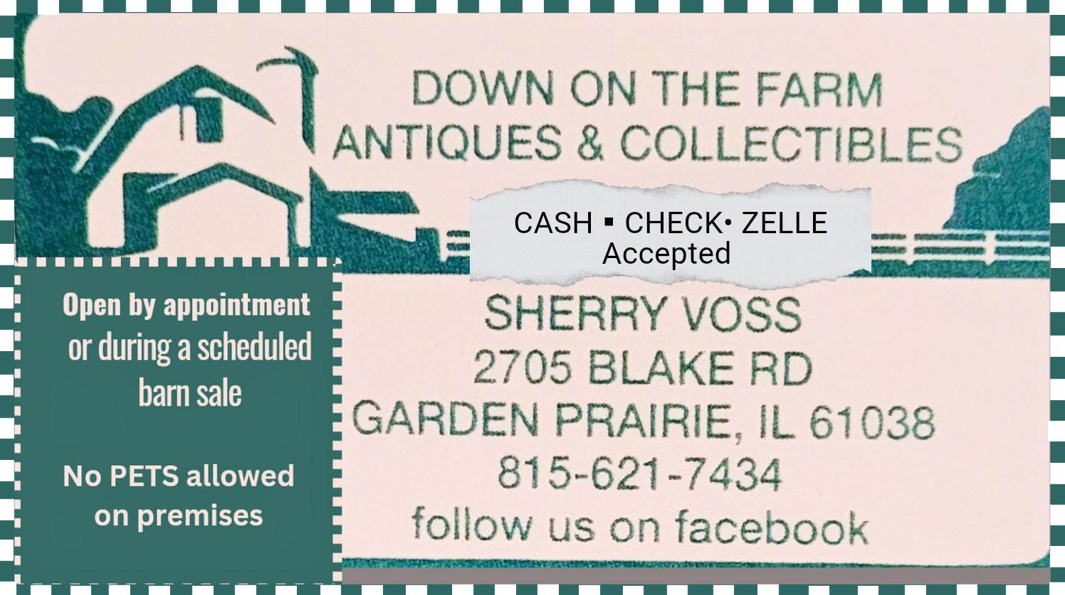 Business card for Down on the Farm Antiques & Collectibles, Garden Prairie, IL. Offers cash, check, and Zelle payments.