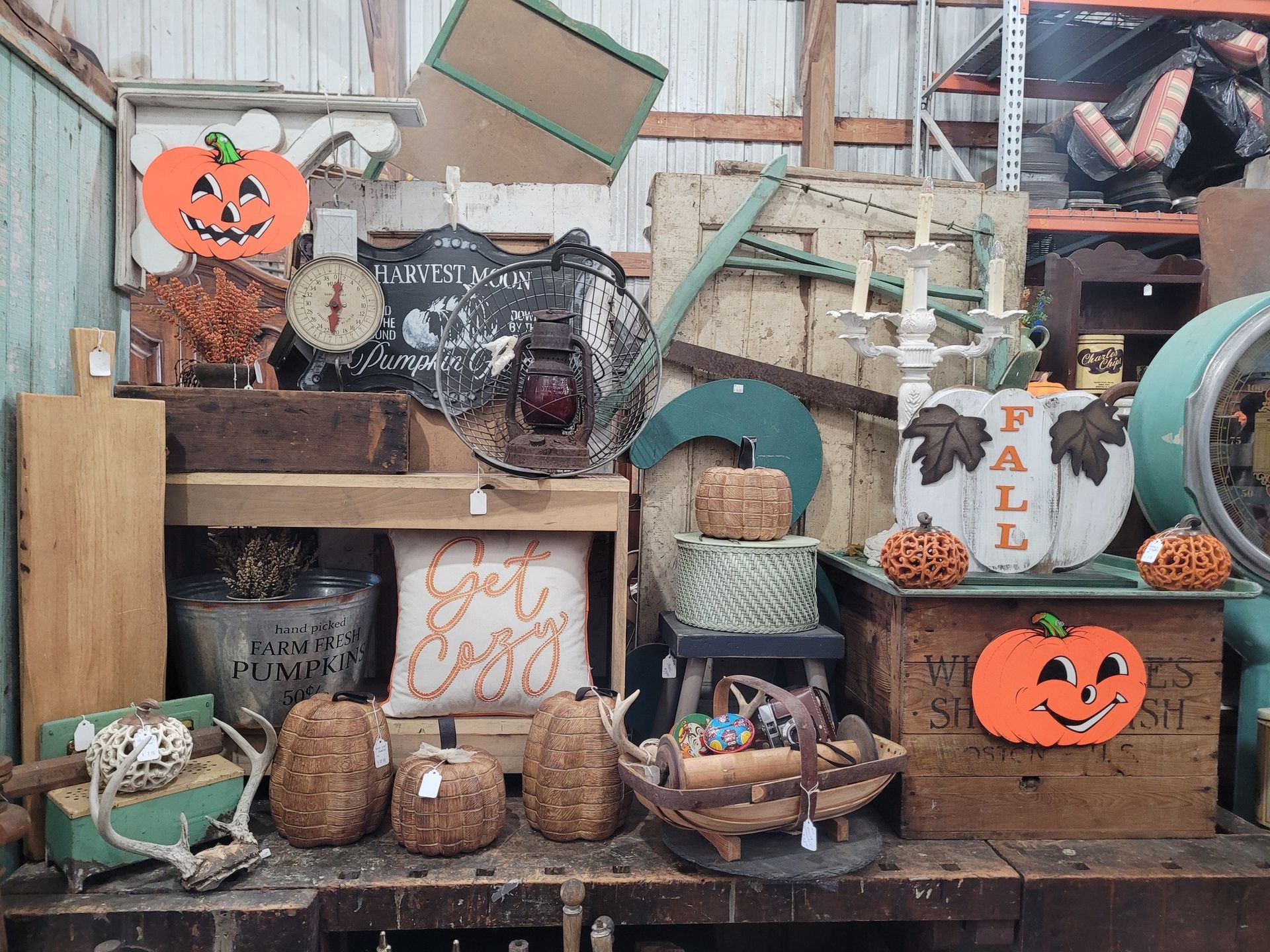 Antique shop display with fall decorations, pumpkins, and rustic items.