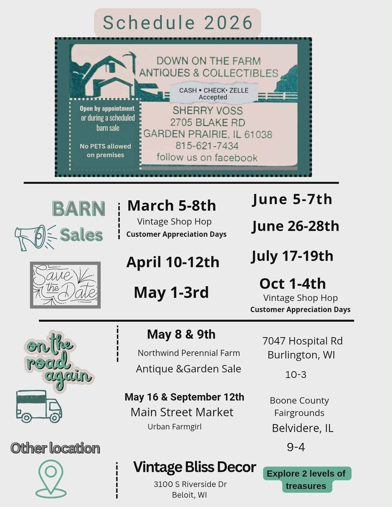 Schedule of antique sales: Down on the Farm, 2026. Barn sales March-October.