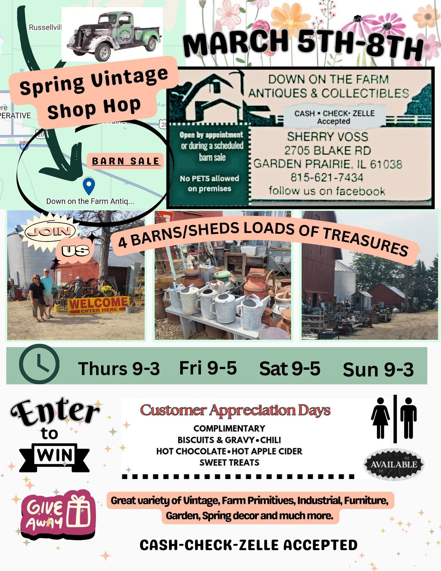 Vintage shop hop event flyer. Dates: March 5th-8th. Featuring barns, treasures, and customer appreciation days.