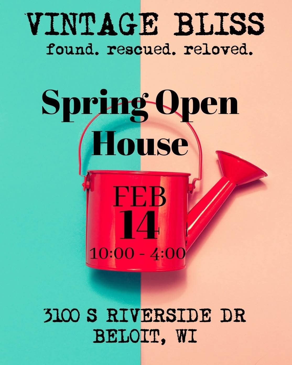 Open house announcement. Red watering can on pink and teal background.