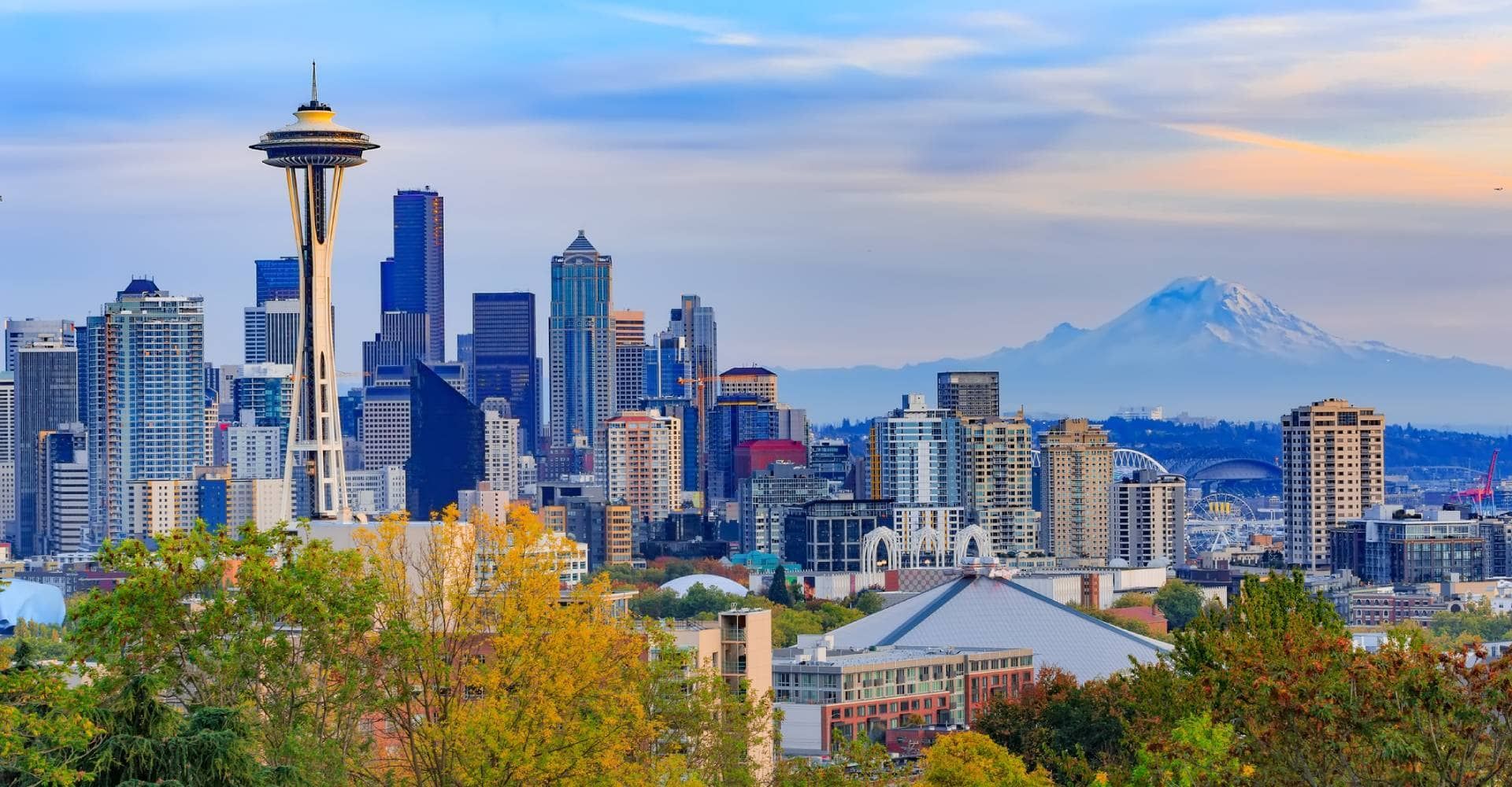 A city skyline with a mountain in the background and trees in the foreground.