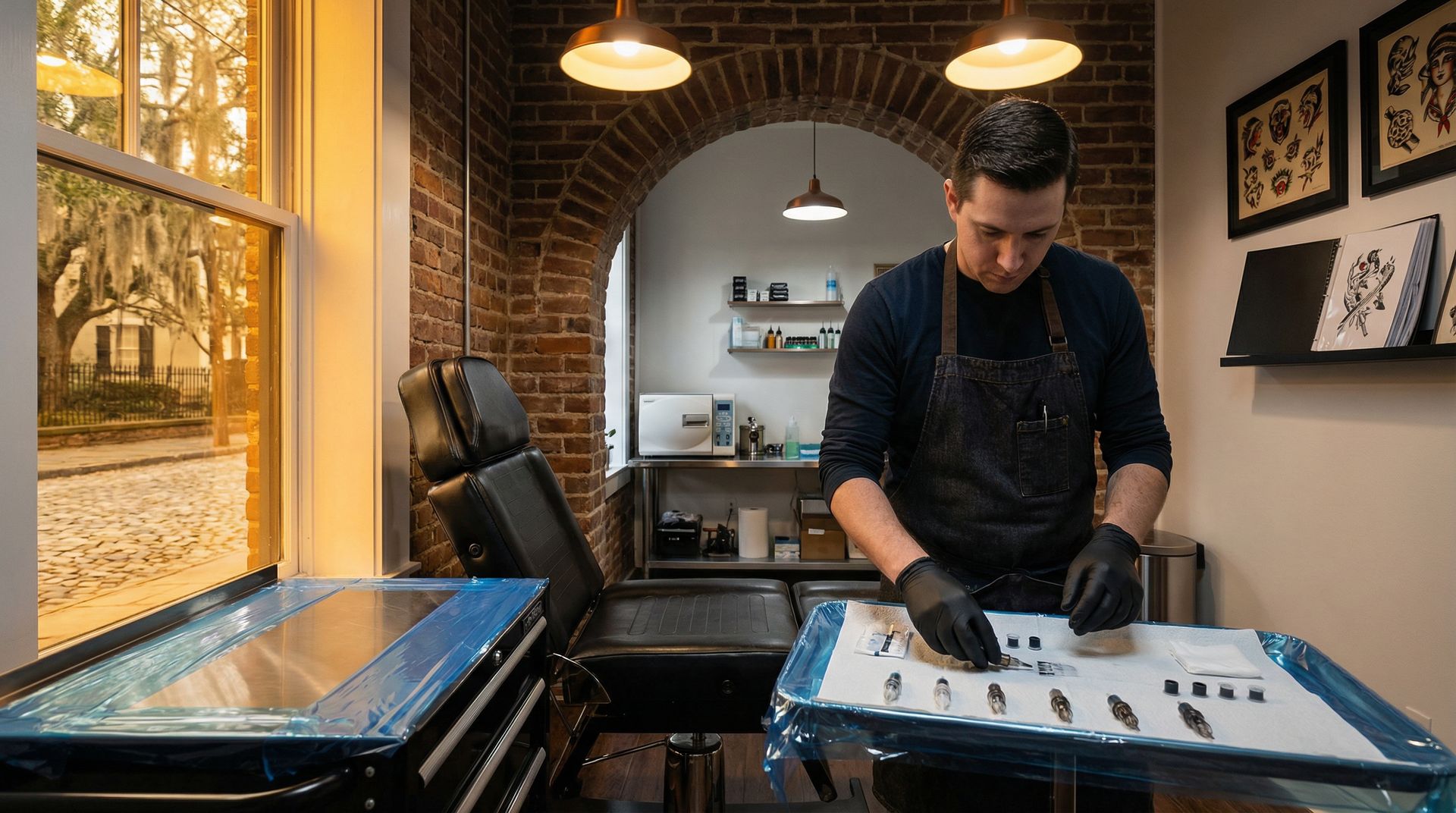 A tattoo artist in a dark apron and gloves prepares tools on a tray in a brick-walled studio.
