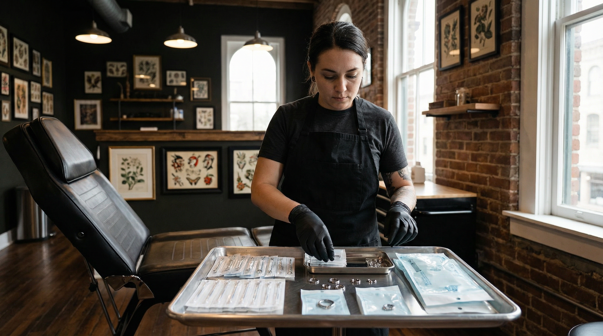 A professional preparing equipment on a metal tray in a tattoo studio with framed wall art and exposed brick.