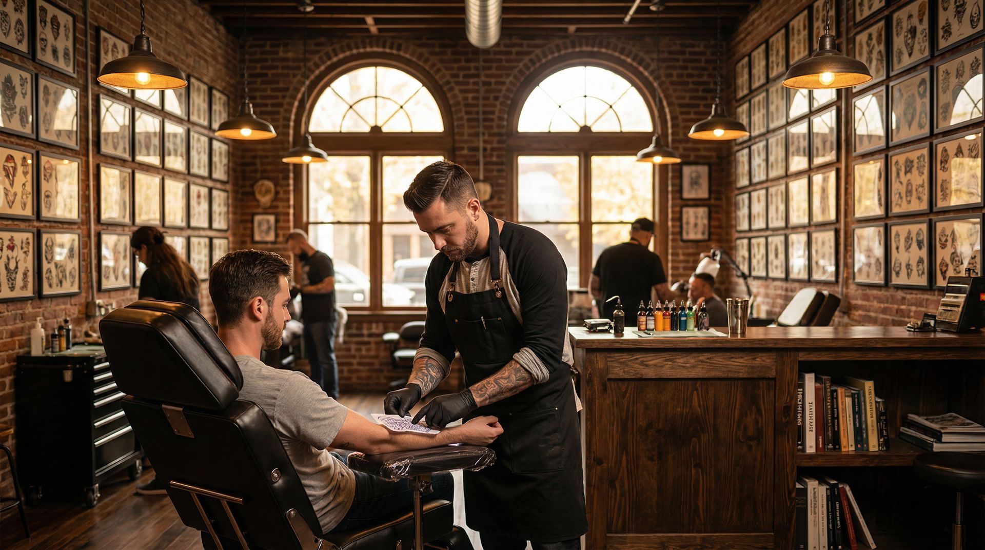 A tattoo artist works on a clientβs arm in a studio filled with framed tattoo flash art and large arched windows.