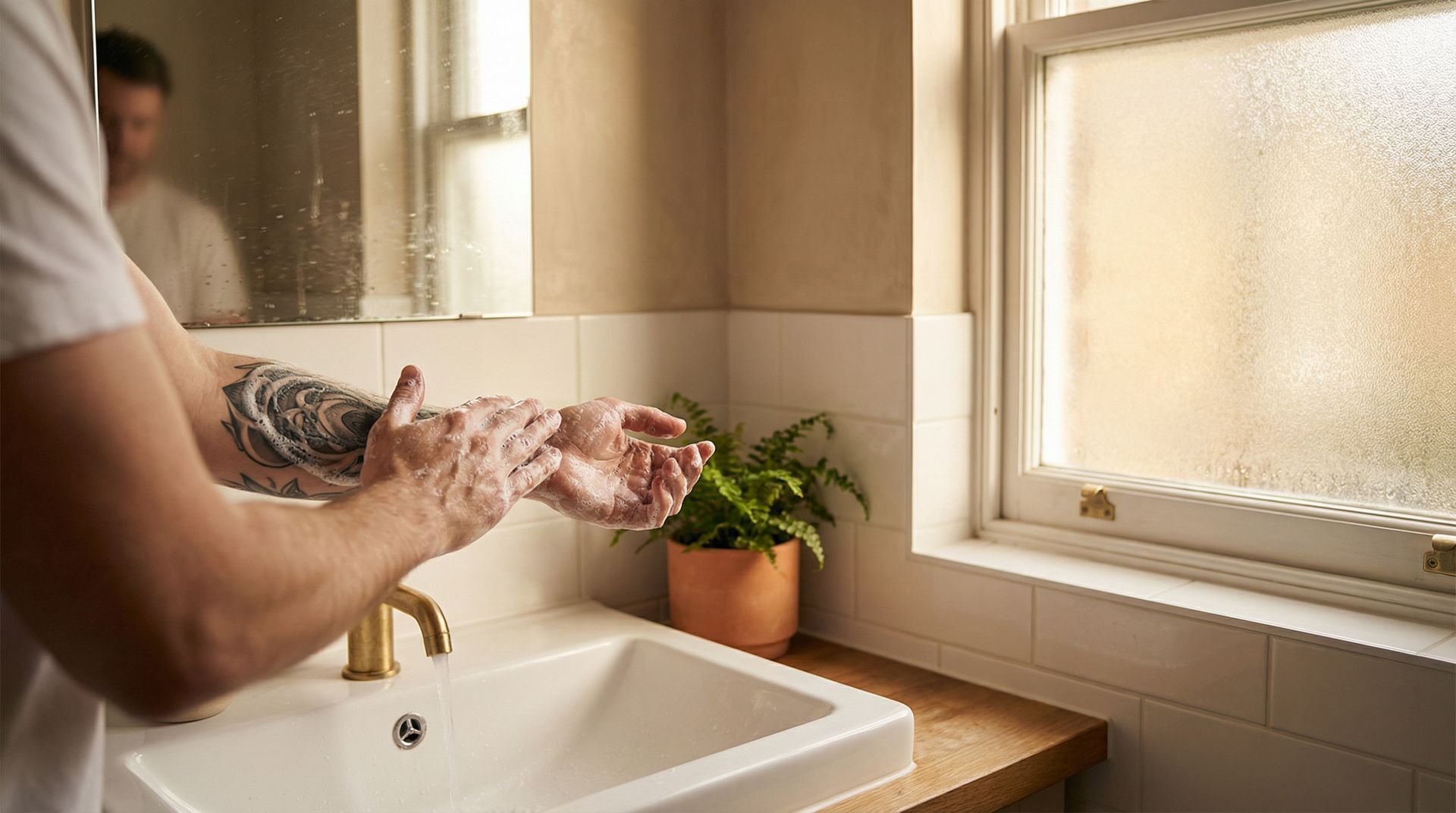 A person with a tattooed forearm washes their hands at a bathroom sink near a potted plant and a window.
