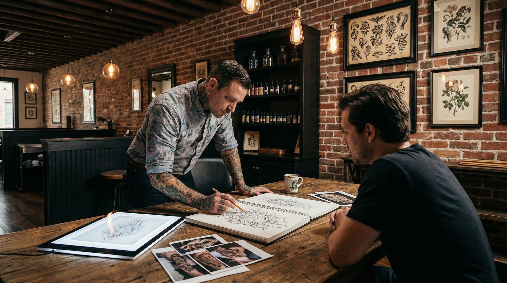 Two people sit at a wooden table in a brick-walled studio, collaborating on a sketch.
