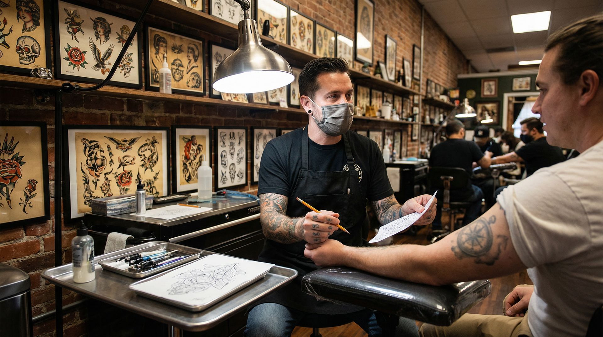 A masked tattoo artist works on a stencil for a client's arm in a studio lined with framed tattoo flash art.