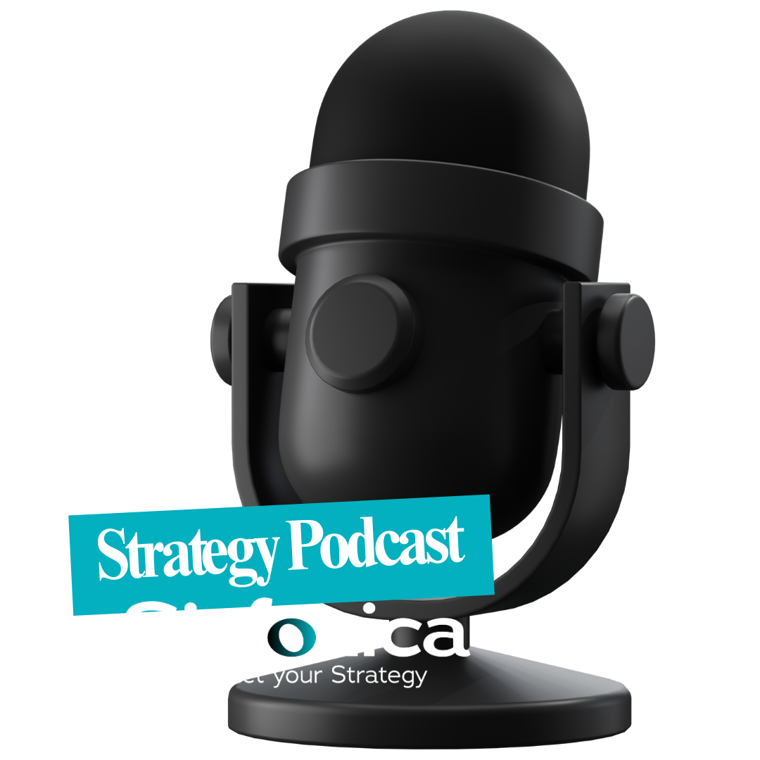 A black microphone on a stand with a teal banner reading