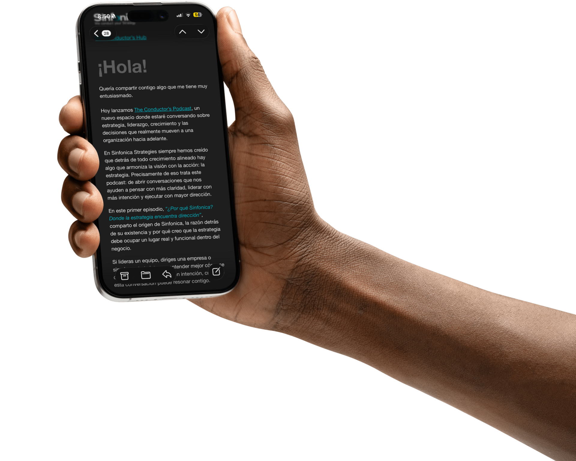A hand holds a smartphone displaying a text-heavy message beginning with 