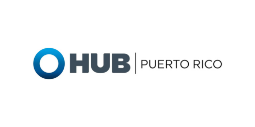 Logo for HUB Puerto Rico. Blue circle with HUB in gray text. Puerto Rico written next to it.