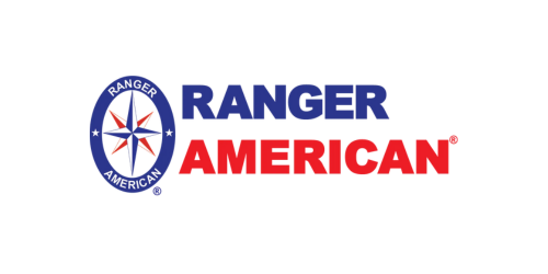 Ranger American logo: blue and red text with a compass rose in a blue circle.