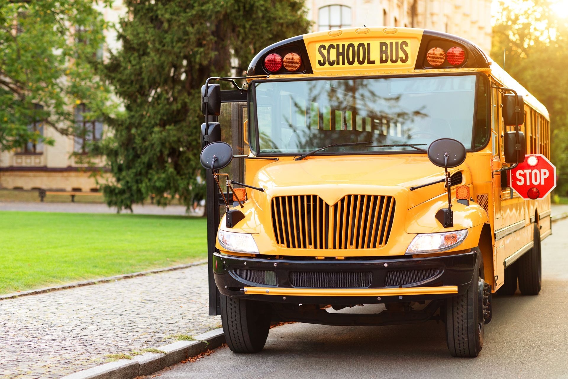 Yellow school bus parked at a curb with stop sign extended on a tree-lined street