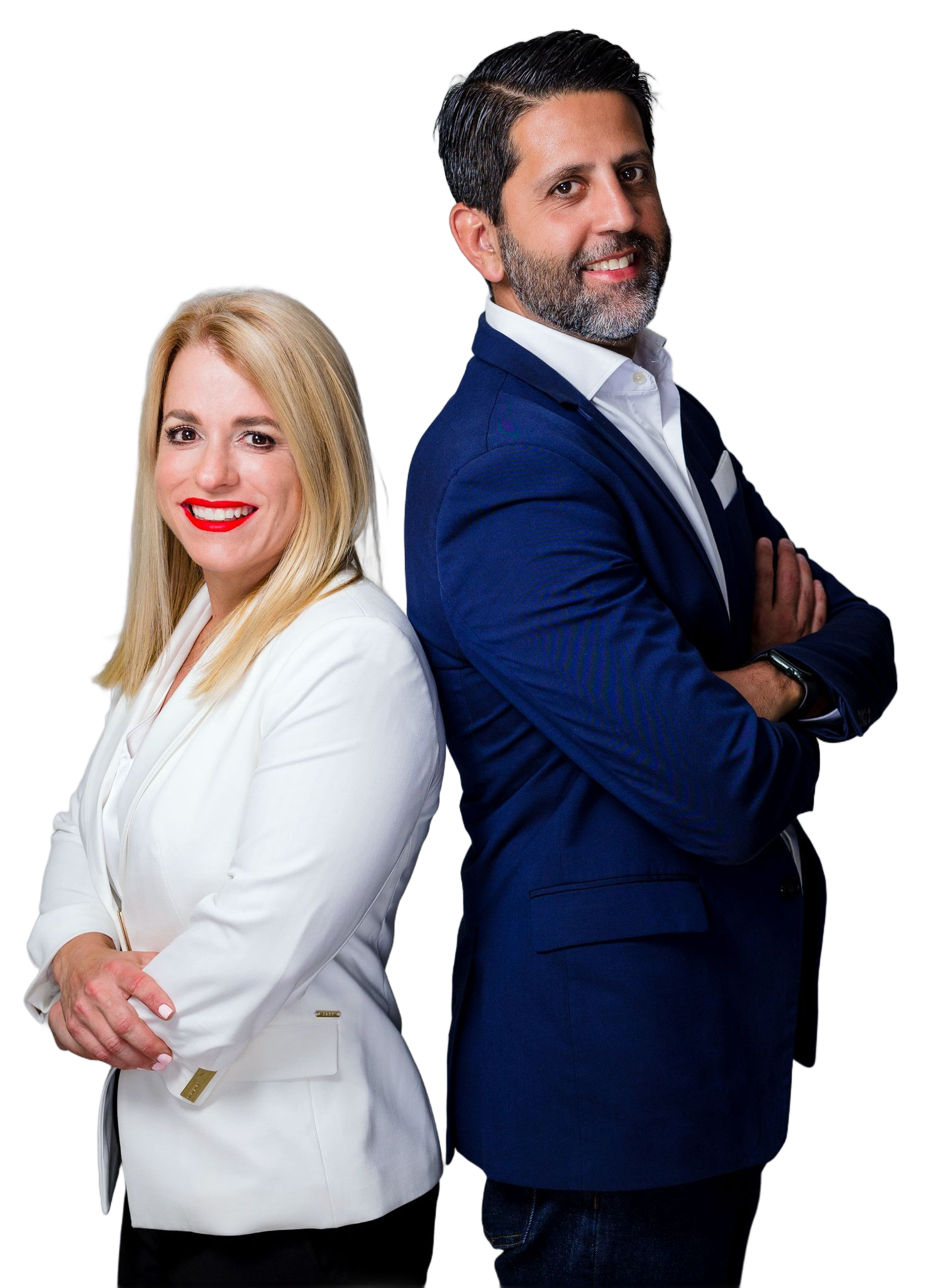 Woman and man standing back-to-back, smiling, wearing professional attire.