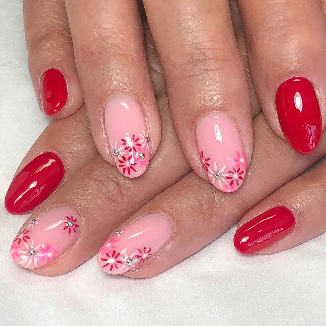 Red flowers and gems manicure by Beautiful in Fleet
