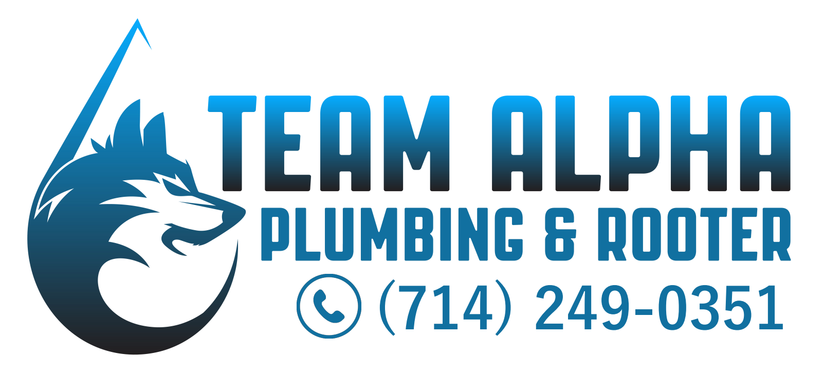 The logo for team alpha plumbing and rooter has a wolf on it.