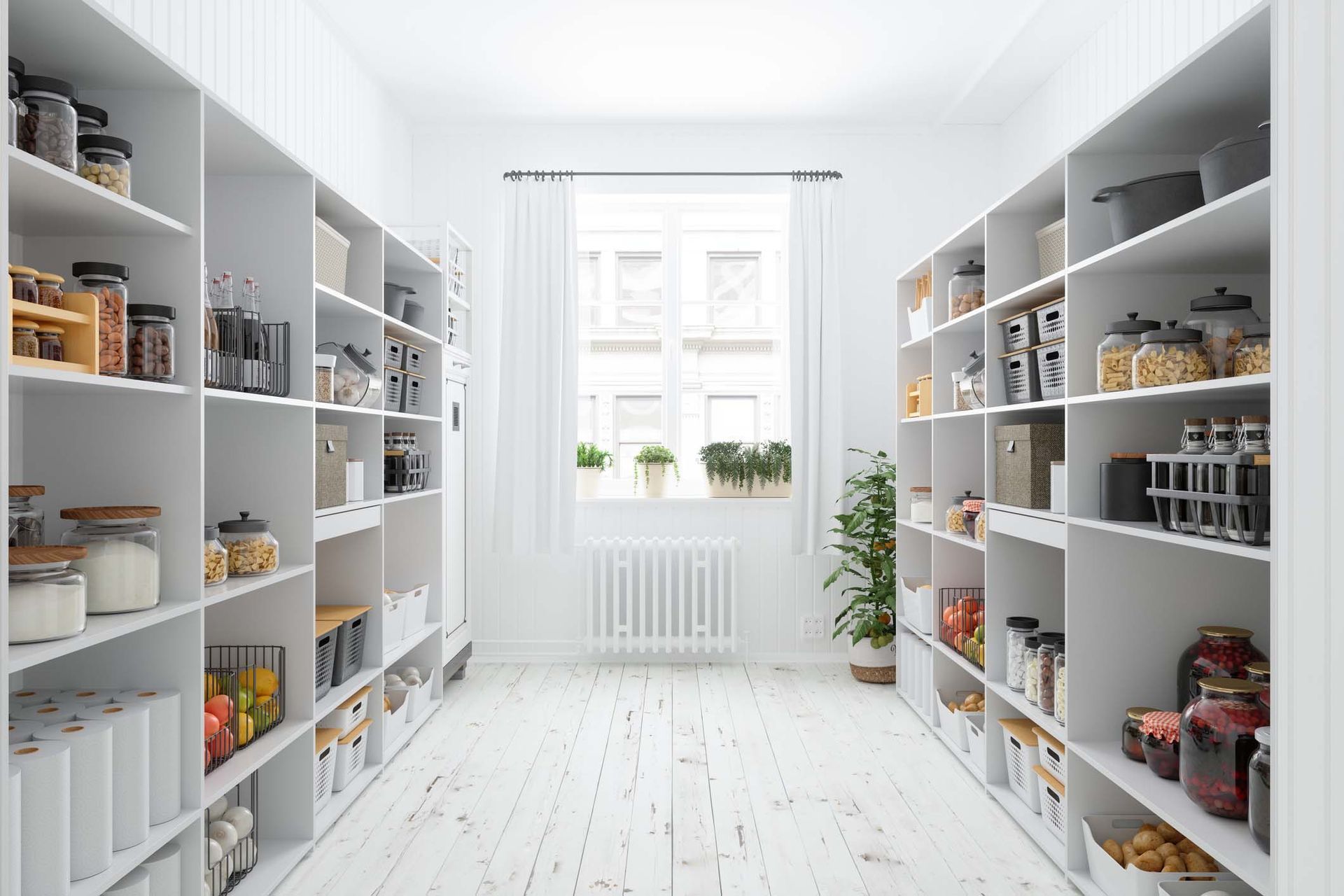 It is a pantry with lots of shelves and a window.