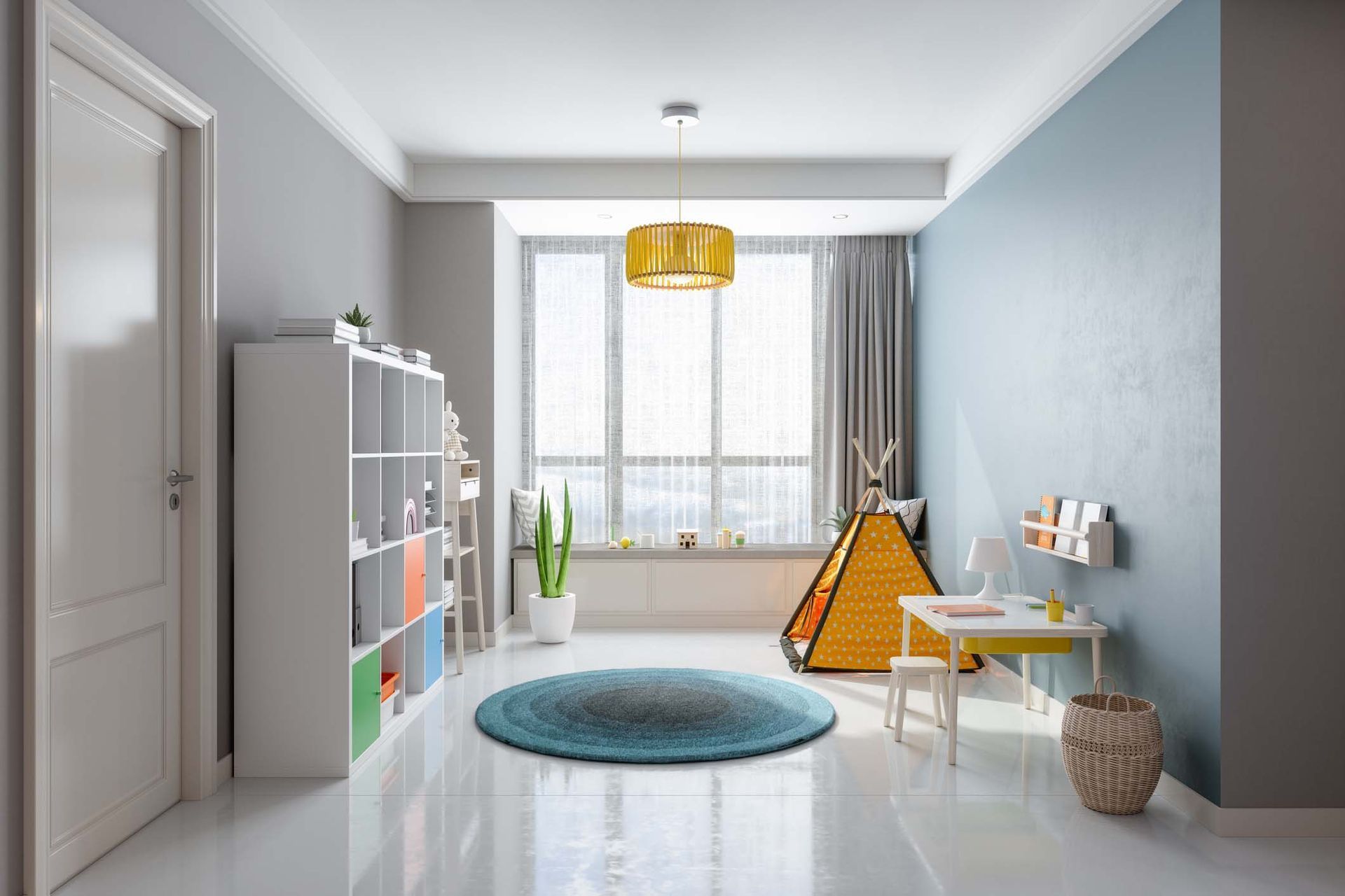 A child 's room with a table , chairs , and a tent.